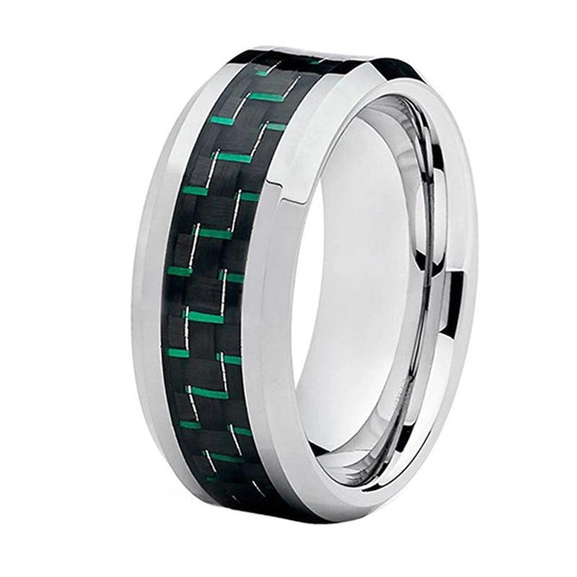 Black and Green Carbon Fiber Silver Tungsten Mens Wedding Band Ring