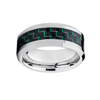 Black and Green Carbon Fiber Silver Tungsten Mens Wedding Band Ring