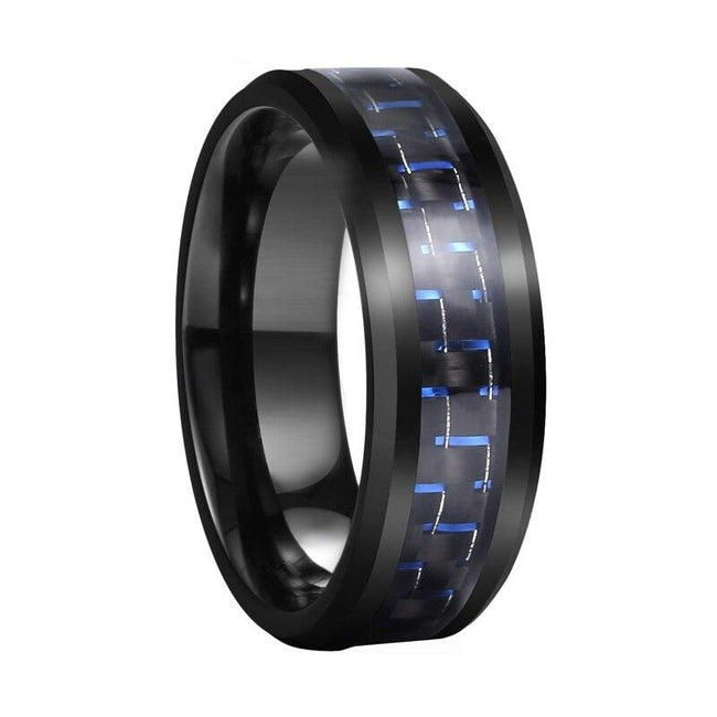 Black and Blue Carbon Fiber Tungsten Mens Wedding Band Ring