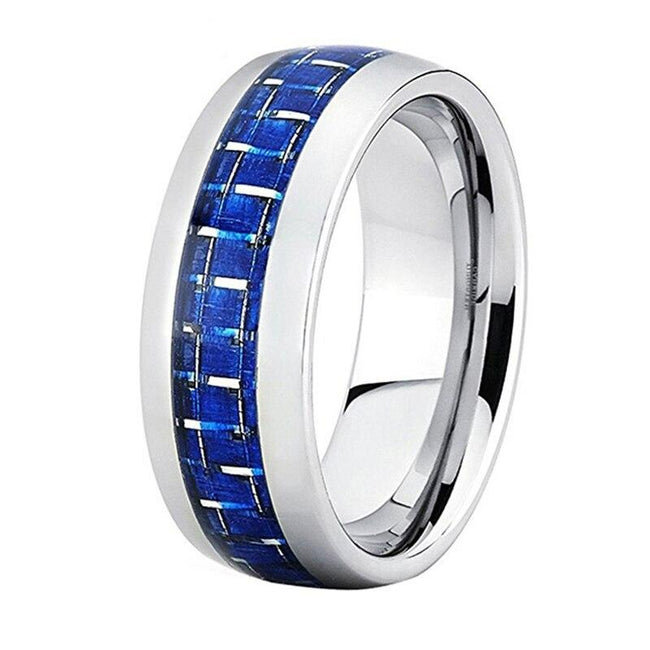 Silver and Blue Carbon Fiber Tungsten Mens Wedding Band Ring