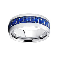 Silver and Blue Carbon Fiber Tungsten Mens Wedding Band Ring