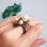 Blooming Flower Pearls Wedding Ring for Women, Green Tone Zirconia Black Gold Color Engagement Ring