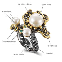 Blooming Flower Pearls Wedding Ring for Women, Green Tone Zirconia Black Gold Color Engagement Ring