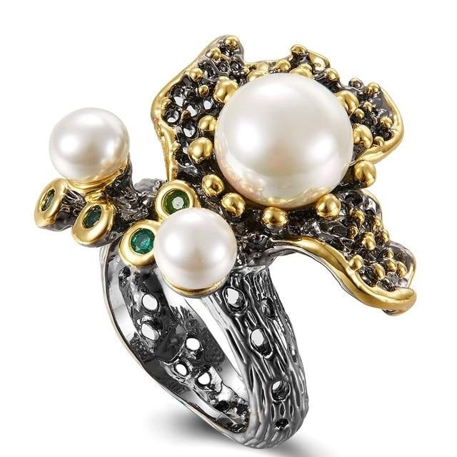 Blooming Flower Pearls Wedding Ring for Women, Green Tone Zirconia Black Gold Color Engagement Ring