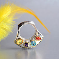 Infinity Colors Diamond Simulant Wedding Ring, Green Red Purple Yellow Blue Zircon Silver Cocktail Ring
