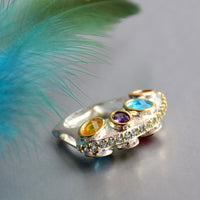 Infinity Colors Diamond Simulant Wedding Ring, Green Red Purple Yellow Blue Zircon Silver Cocktail Ring