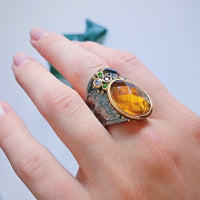 Orange Zirconia Neo Gothic Ring for Women, Brown Green Diamond Simulant Geometric Ring