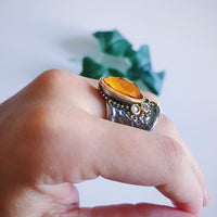 Orange Zirconia Neo Gothic Ring for Women, Brown Green Diamond Simulant Geometric Ring