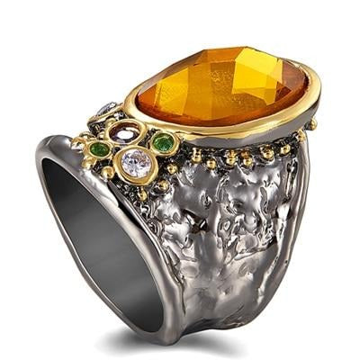 Orange Zirconia Neo Gothic Ring for Women, Brown Green Diamond Simulant Geometric Ring