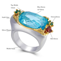 Blue Zircon Silver Gold Plated Cocktail Ring for Women, Green Red Diamond Simuant Wedding Ring