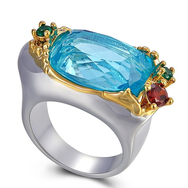 Blue Zircon Silver Gold Plated Cocktail Ring for Women, Green Red Diamond Simuant Wedding Ring