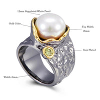White Pearl Blooming Design Wedding Ring, Olivine Zircon Black and Gold Color Ring for Women
