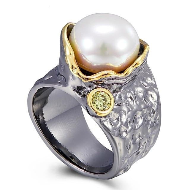 White Pearl Blooming Design Wedding Ring, Olivine Zircon Black and Gold Color Ring for Women