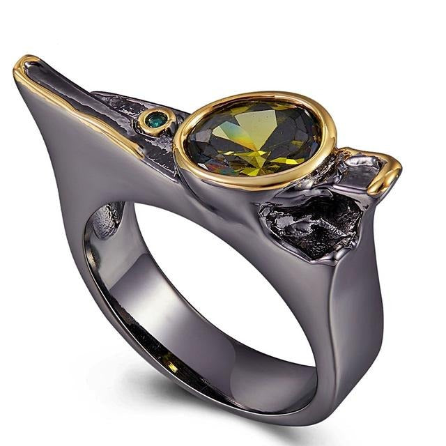 Unique Black Gold Color Green Cubic Zirconia Gothic Ring for Women