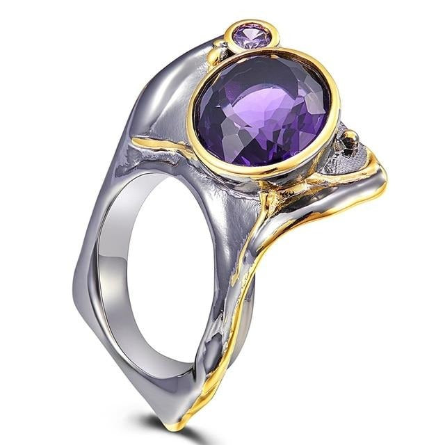 Purple Zircon Upright Flap Design Gunmetal and Gold Color Gothic Ring for Women