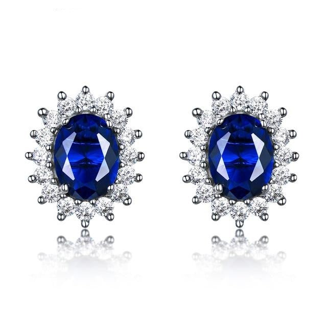 Oval Cut Blue Sapphire Sterling Silver Earrings, Diamond Simulant Earrings for Women