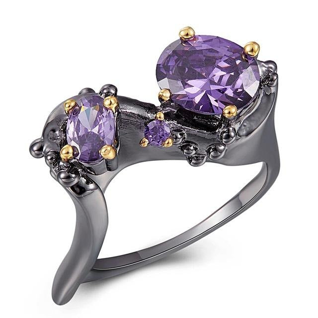 Purple Zircon Geometric Design Gunmetal Black and Gold Color Wedding Ring for Women