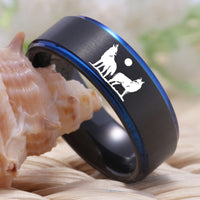 Black Blue Howling Wolves Tungsten Wedding Band Ring for Men