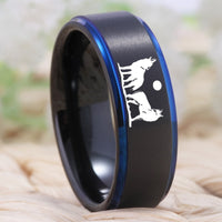 Black Blue Howling Wolves Tungsten Wedding Band Ring for Men