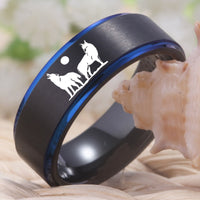 Black Blue Howling Wolves Tungsten Wedding Band Ring for Men