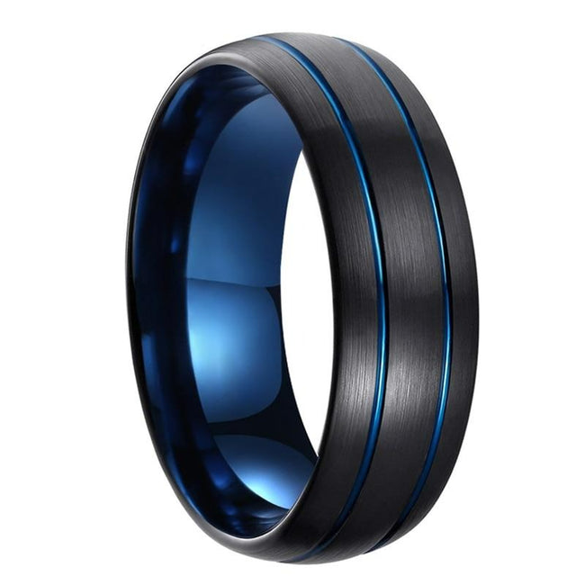 Black and Blue Double Grooved Tungsten Wedding Band Ring for Men