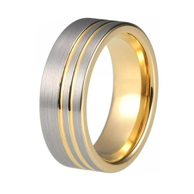 Silver and Yellow Gold Offset Grooved Tungsten Wedding Band Ring for Men