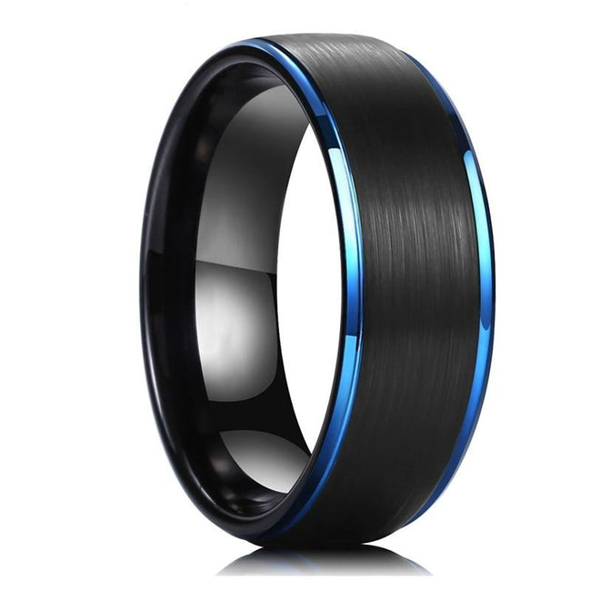 Black Brushed with Blue Edges Tungsten Wedding Band Ring for Men