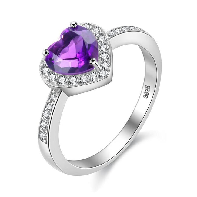 Purple Amethyst Diamond Simulant Heart Design Wedding Ring for Women, 925 Sterling Silver Ladies Engagement Ring