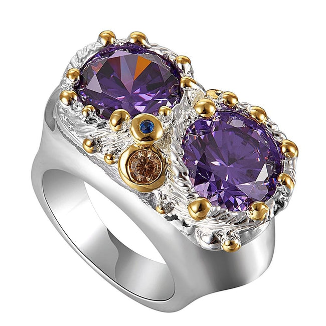 Purple Zircon Owl Eyes Design Silver Gold Color Wedding Ring, Brown Blue Diamond Simulant Cocktail Ring