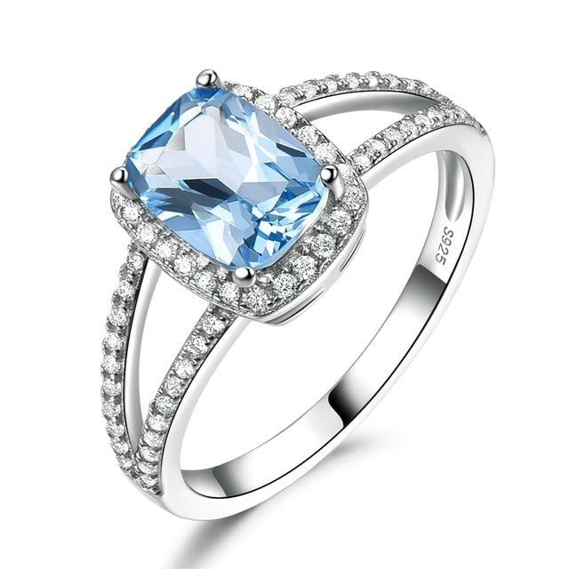 Blue Topaz Halo Split Shank 925 Sterling Silver Wedding Ring