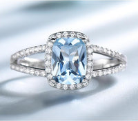 Blue Topaz Halo Split Shank 925 Sterling Silver Wedding Ring