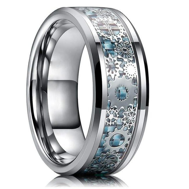 Blue and Silver Gear Steampunk Clockwork Tungsten Mens Wedding Band Ring