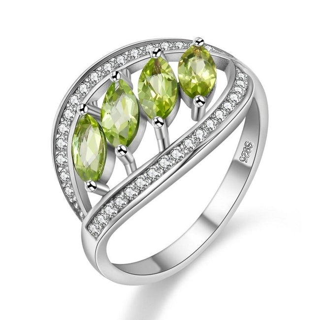 1.5 Ct Green Peridot 4-piece Leaf Design Diamond Simulant Ring, 925 Sterling Silver Wedding Ring for Women