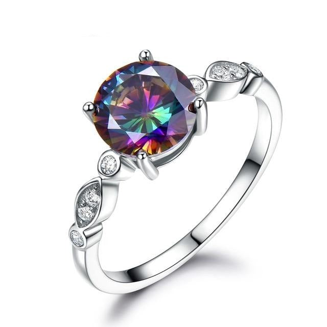 Round Cut Rainbow Fire Mystic Topaz Ring for Women, 925 Sterling Silver Cubic Zirconia Wedding Ring