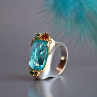 Blue Zircon Silver Gold Plated Cocktail Ring for Women, Green Red Diamond Simuant Wedding Ring