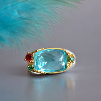 Blue Zircon Silver Gold Plated Cocktail Ring for Women, Green Red Diamond Simuant Wedding Ring