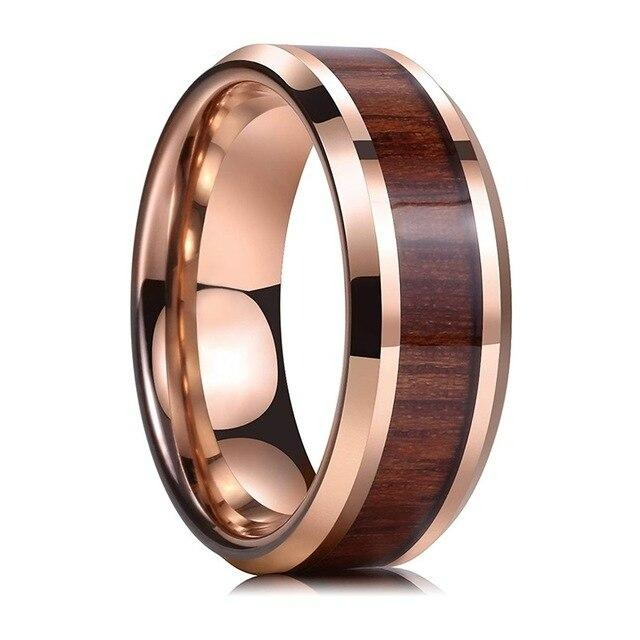 Rose Gold Koa Wood Inlay Tungsten Mens Wedding Band Ring