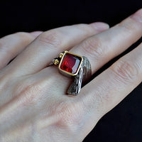Red Square Zirconia Black and Gold Color Gothic Ring