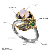 Pink and Green Zirconia Flower Blossom Ring for Women, Black Gold Color Gothic Ring