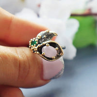 Pink and Green Zirconia Flower Blossom Ring for Women, Black Gold Color Gothic Ring