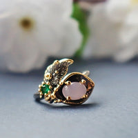 Pink and Green Zirconia Flower Blossom Ring for Women, Black Gold Color Gothic Ring