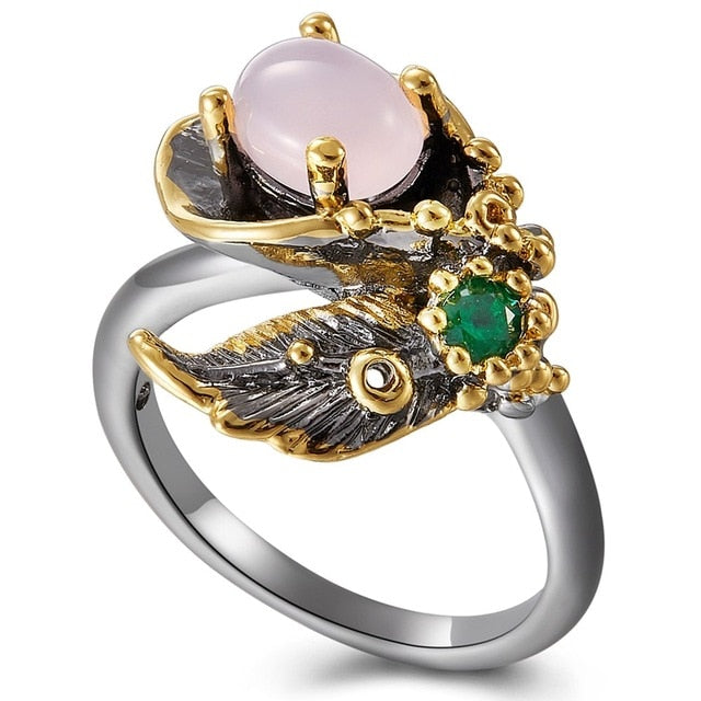 Pink and Green Zirconia Flower Blossom Ring for Women, Black Gold Color Gothic Ring