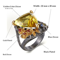 Triangle Golden Topaz Red Blue Zircon Gothic Ring, Gunmetal Black and Gold Plated Wedding Ring for Women