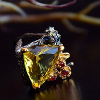 Triangle Golden Topaz Red Blue Zircon Gothic Ring, Gunmetal Black and Gold Plated Wedding Ring for Women