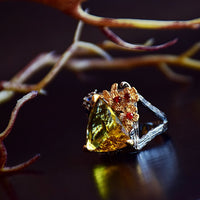 Triangle Golden Topaz Red Blue Zircon Gothic Ring, Gunmetal Black and Gold Plated Wedding Ring for Women