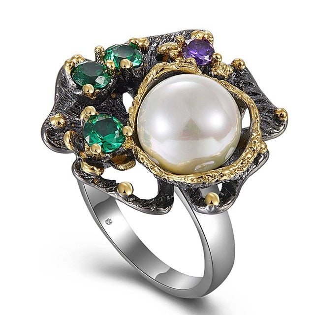 White Pearl Flower Style Green Purple Diamond Simulant Ring