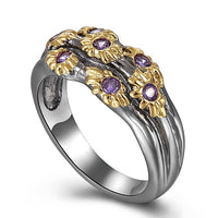 Purple Zircon Golden Flower Design Neo Gothic Ring for Women
