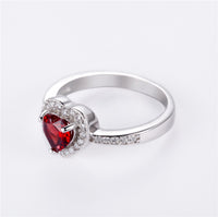 Red Heart Cut Garnet White CZ Halo Wedding Ring, 925 Sterling Silver Ladies Wedding Ring