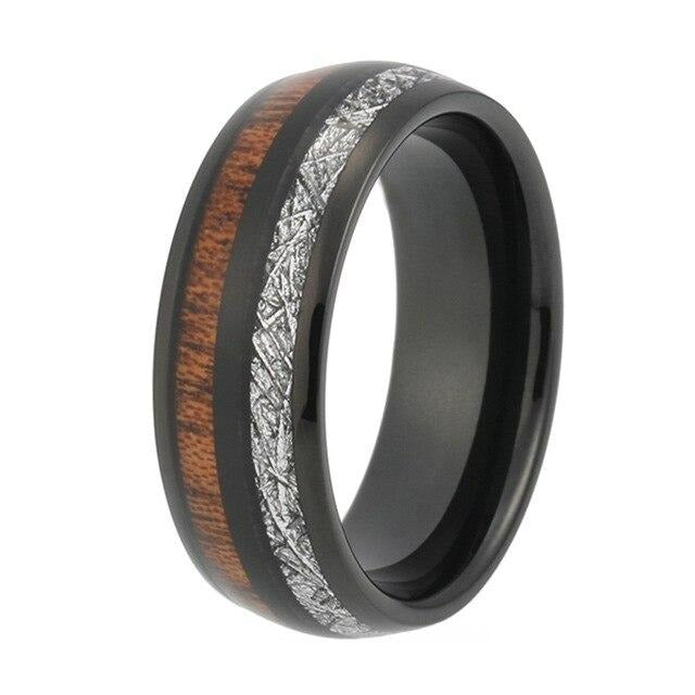 Black Meteorite and Koa Wood Inlay Tungsten Mens Wedding Band Ring