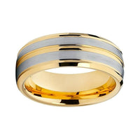Yellow Gold Grooved Silver Finish Tungsten Wedding Band Ring for Men